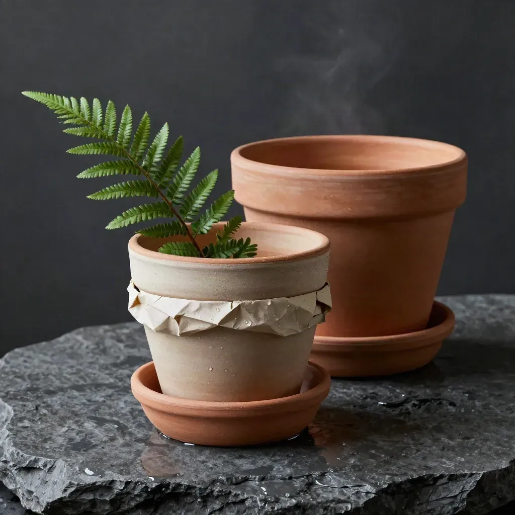 Nested clay planter set on wet stone with paper and fern, lit dramatically