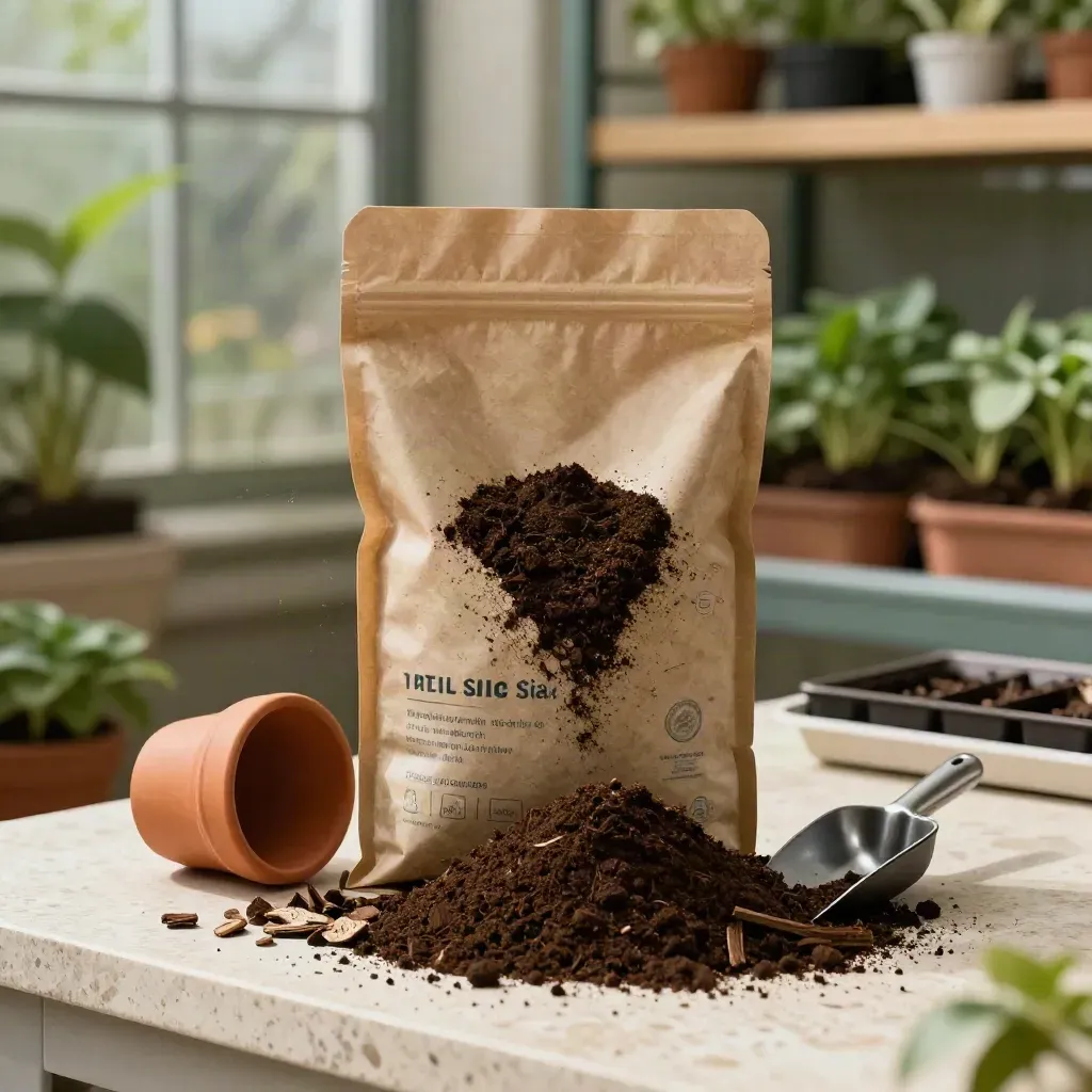 Indoor potting soil bag, scoop, bark chips and terracotta pot on a travertine bench