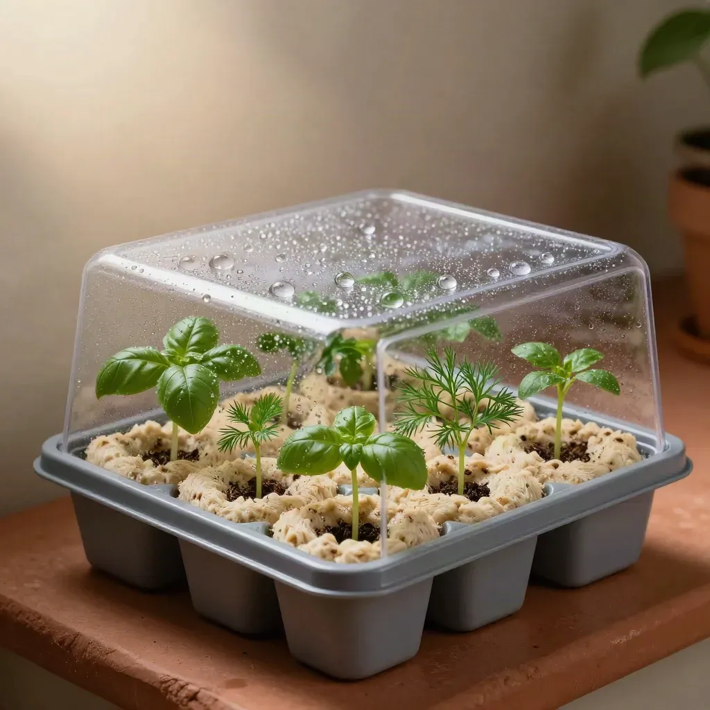 Condensed seed kit with tiny herb seedlings under a clear lid on a terracotta sill.