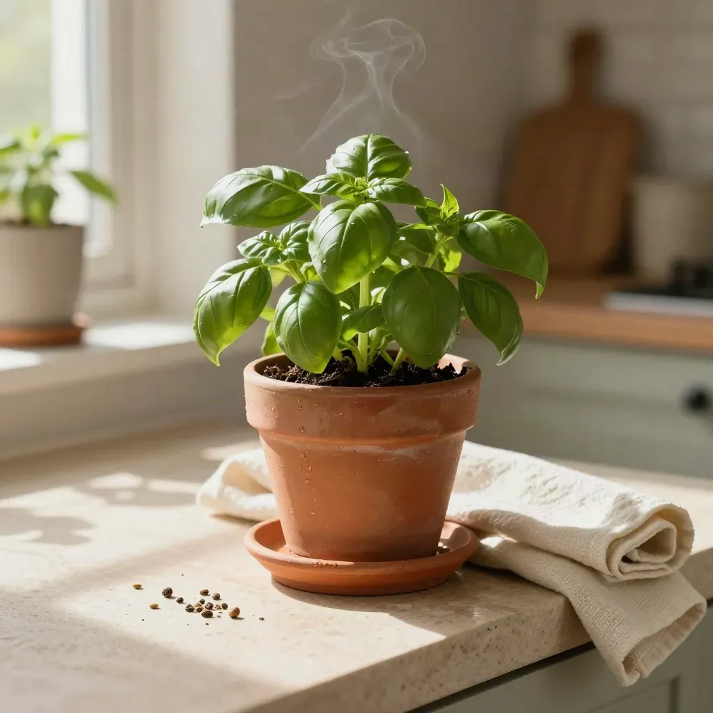 Basil herb pot on a stone sill with a pebble saucer, towel, seeds, and soft steam.