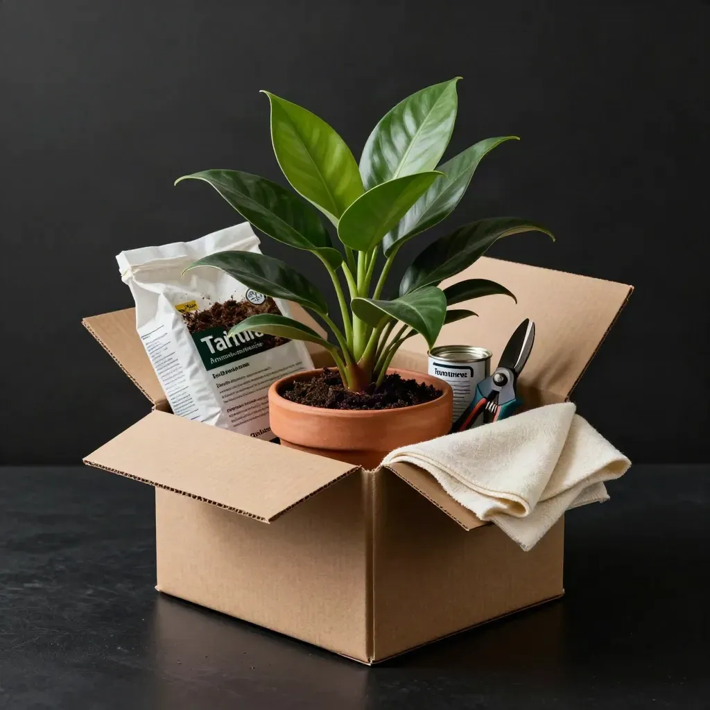 Open plant care box with plant, pot, soil, feed, pruners, and cloth on black surface.