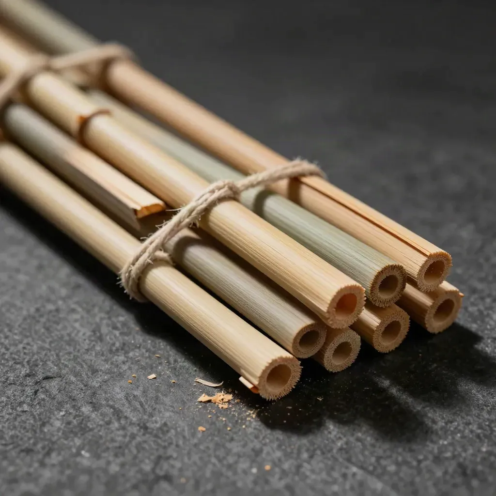 Macro of ten bamboo plant stakes tied with twine, a coil of fiber, and cut ends on a dark neutral surface.