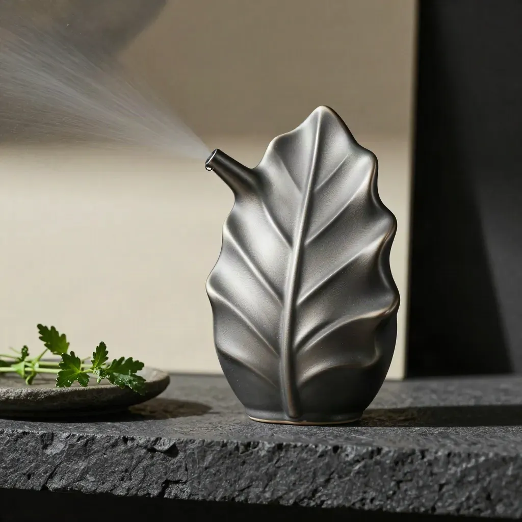 Leaf-shaped ceramic mister with herb cutting on a stone tray, mist drifting in soft studio light